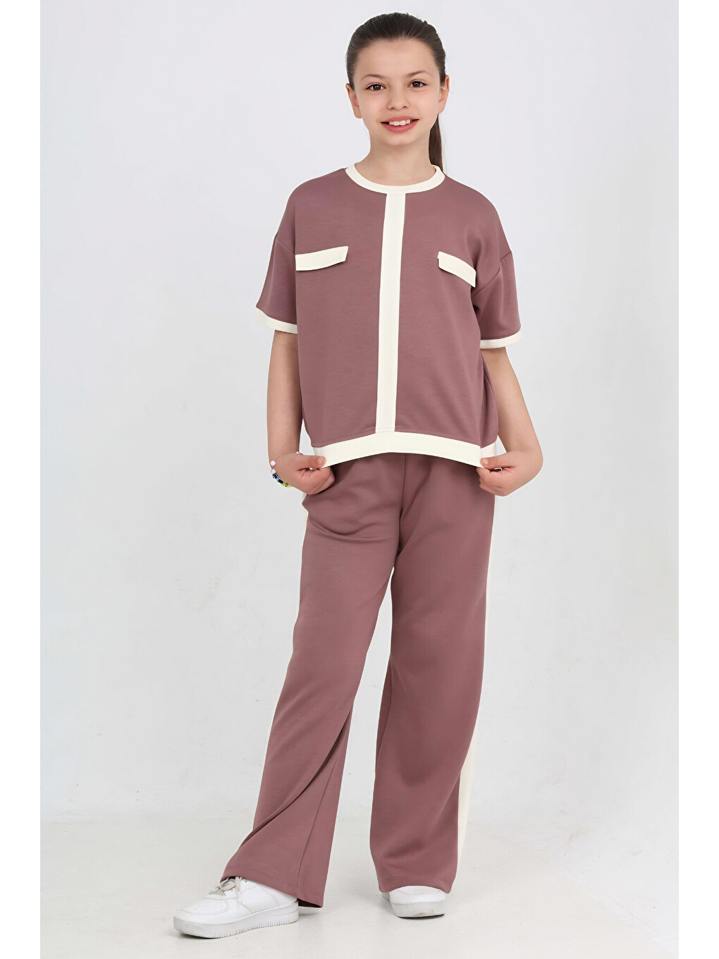 Pembe Kız Çocuk Double Face Kumaş Alt-Üst Takım 7-12 Yaş 12667BLT-1