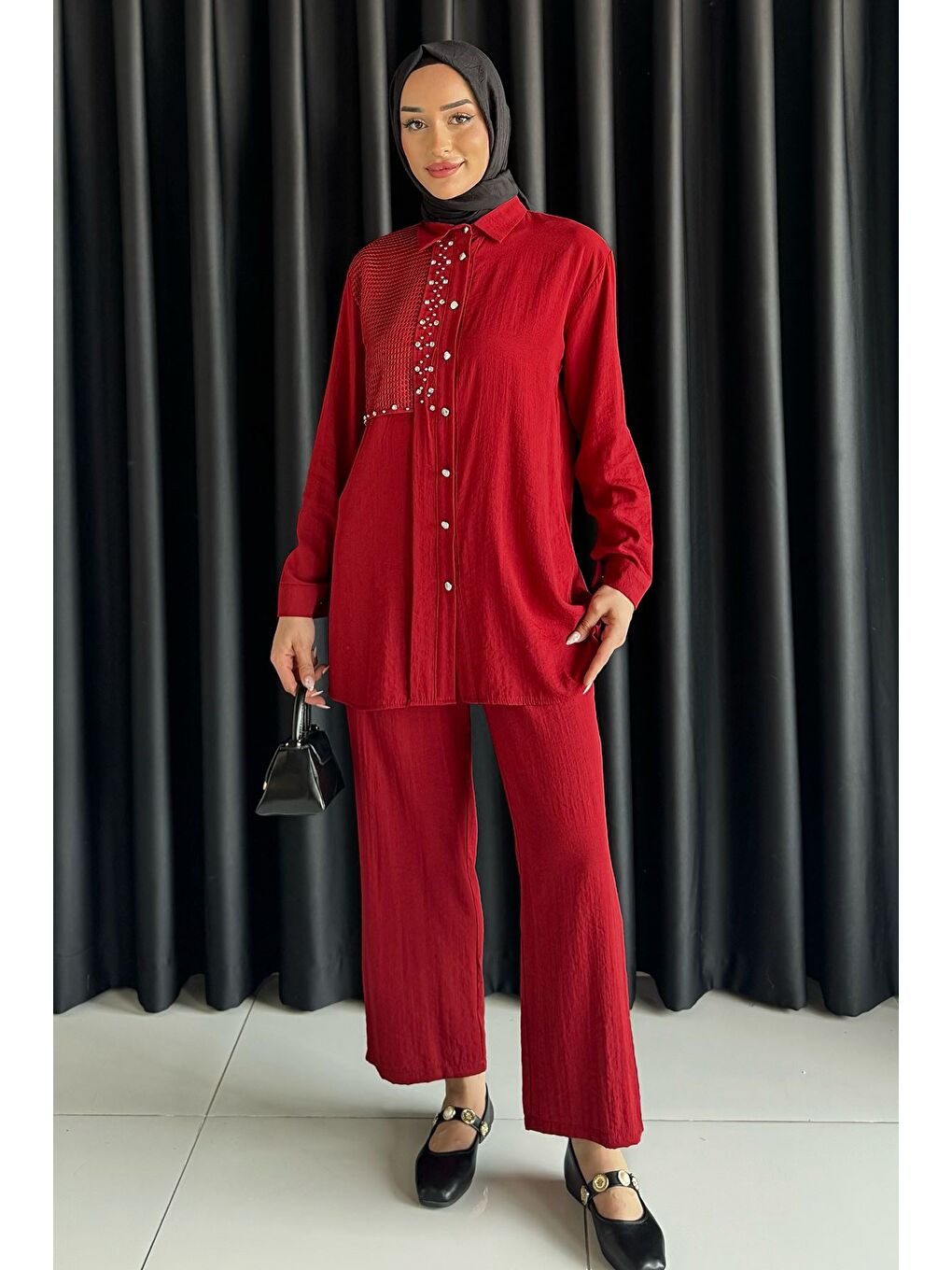 Bordo Dantelli Taşlı Tesettür Tunik Pantolon İkili Takım-2