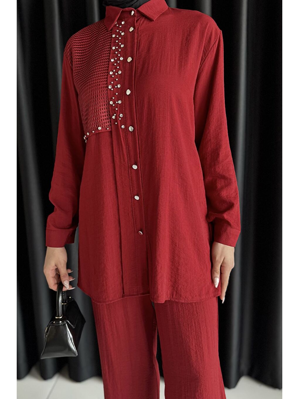 Bordo Dantelli Taşlı Tesettür Tunik Pantolon İkili Takım-4