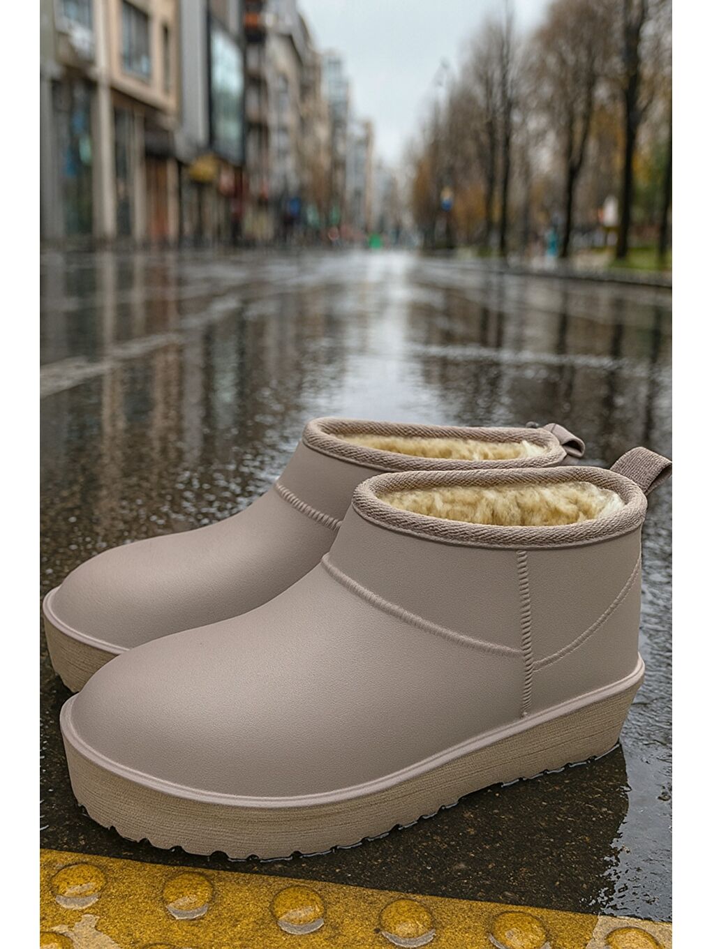 Bej SOFTWARM Kadın Yünlü Yağmur Çizmesi Su Geçirmez Kar Botu Kısa Bot İçi Kürklü-1