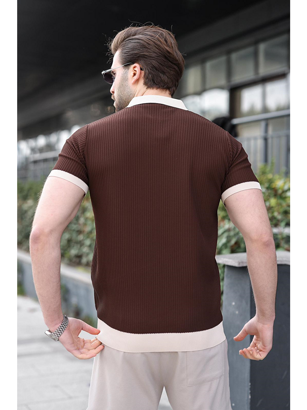 Kahverengi Polo Yaka Triko Erkek Tişört E7464-1