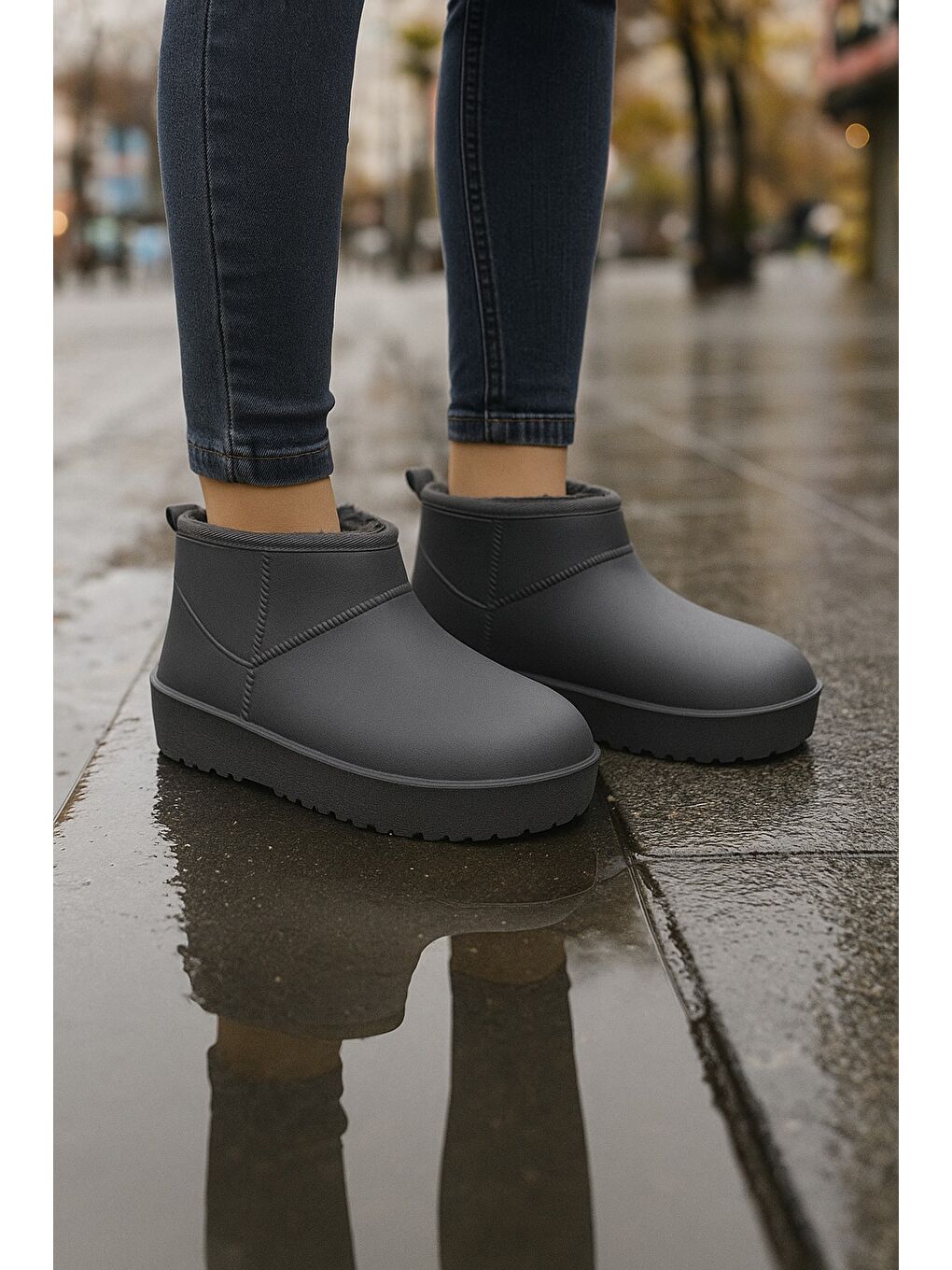 Gri SOFTWARM Kadın Yünlü Yağmur Çizmesi Su Geçirmez Kar Botu Kısa Bot İçi Kürklü