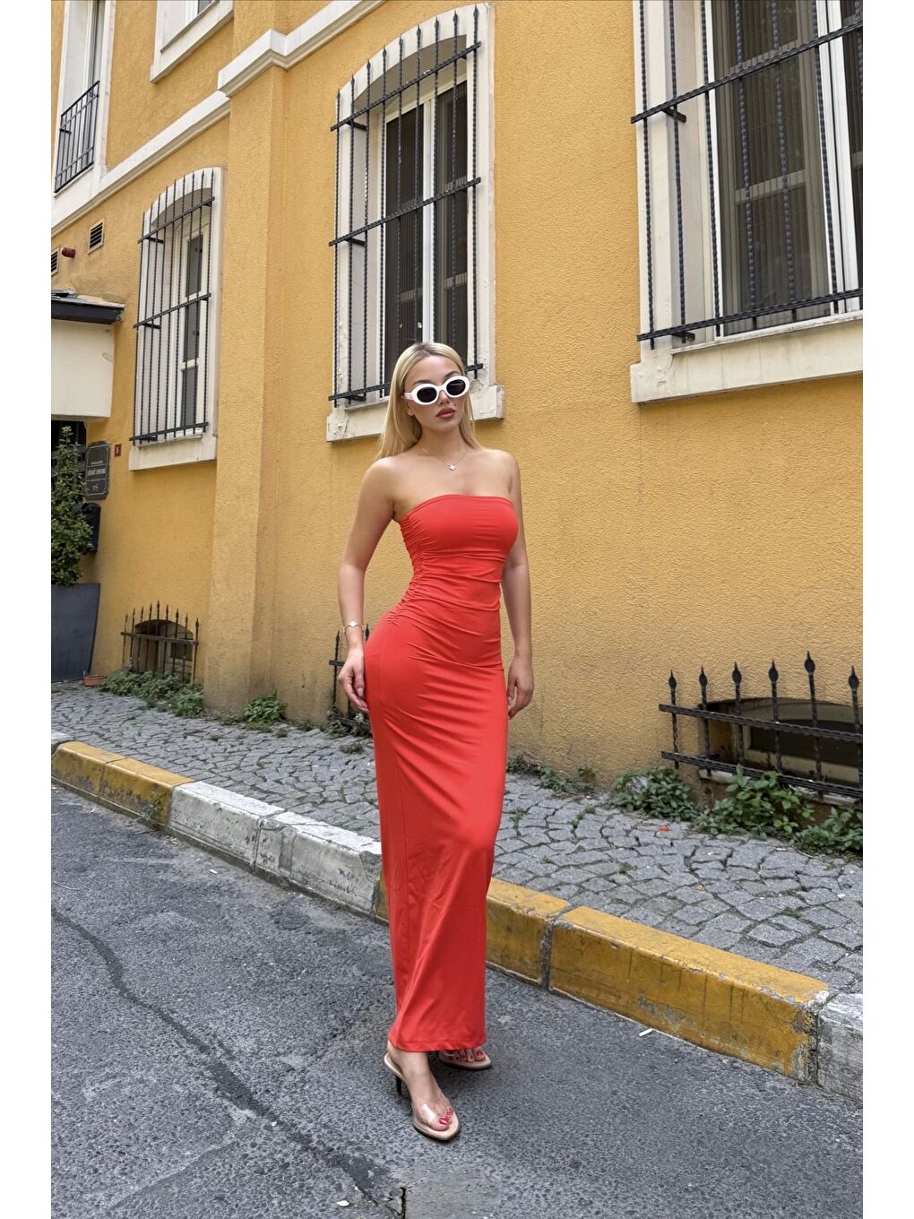 Kadın Turuncu Straplez Elbise 1026-221730-2