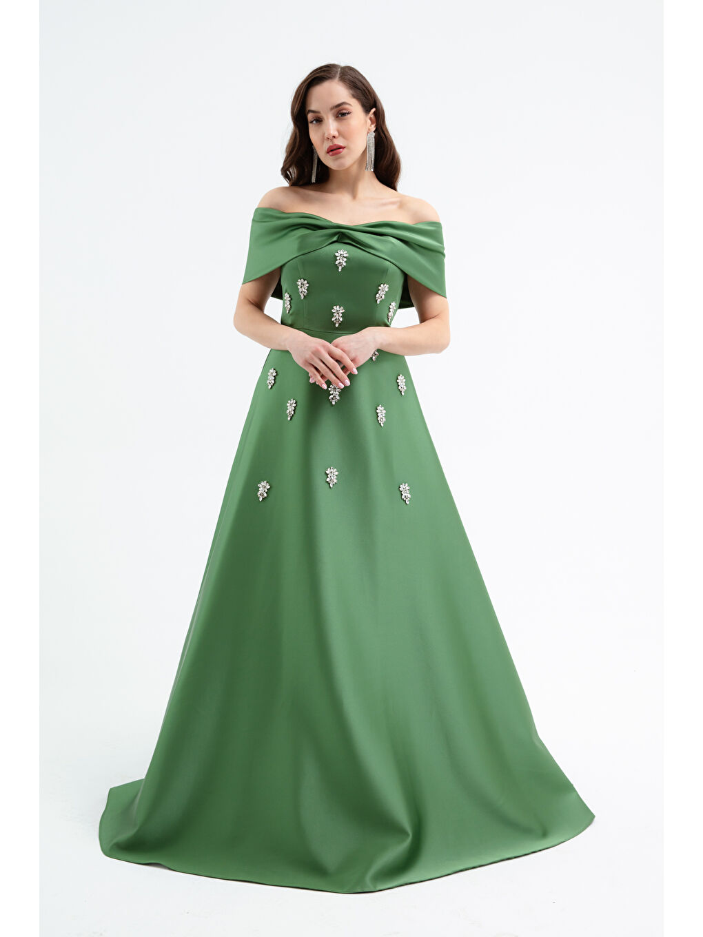 Kadın Haki Straplez Taşlı Uzun Saten Abiye Elbise-1