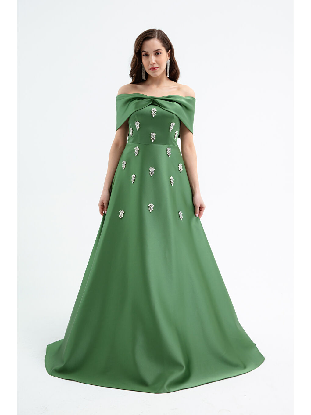 Kadın Haki Straplez Taşlı Uzun Saten Abiye Elbise-2