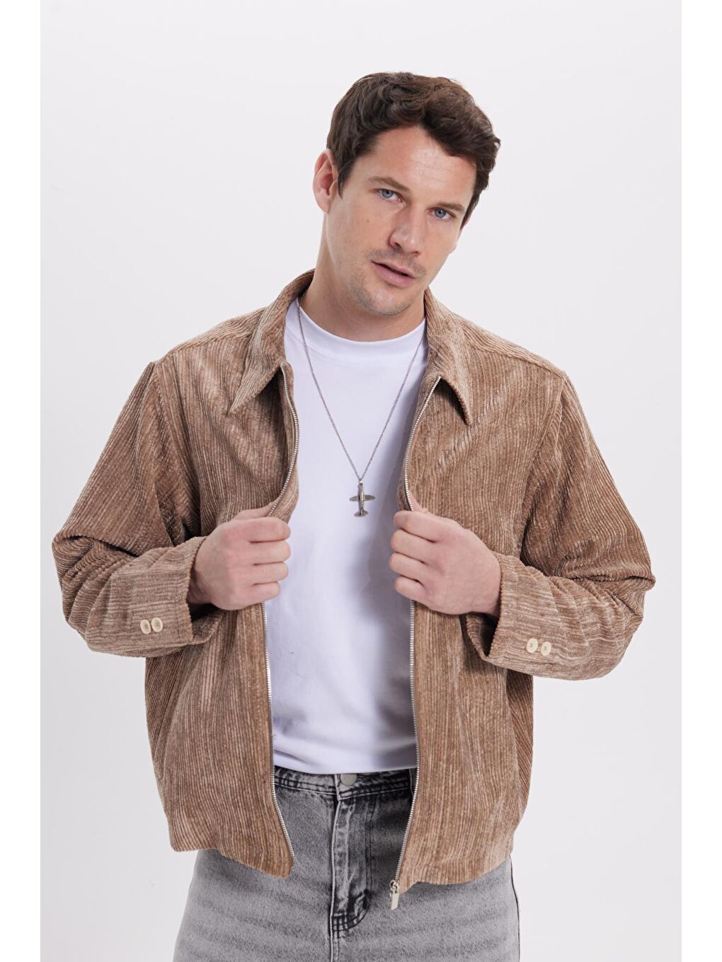 Bej Erkek Relax Fit Rahat Kesim Fitilli Fermuarlı Astarlı Cepli Kolej Vizon Ceket Mont Gömlek