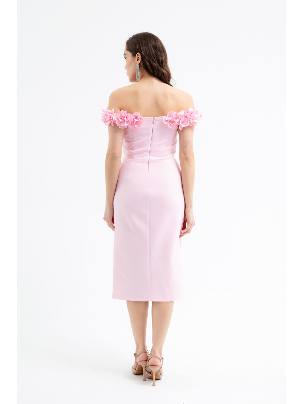 Pembe Kadın Pudra Yakası Çiçekli İncili Söz Nişan Nikah Abiye Elbise-1