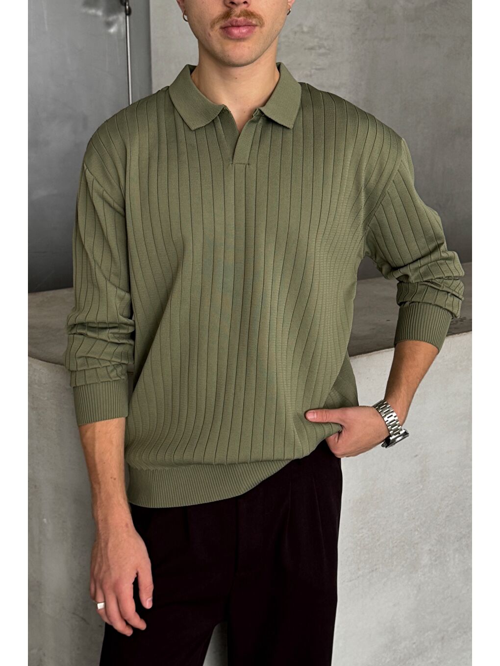 Haki Erkek Polo Yaka Fitilli Oversize Triko Kazak