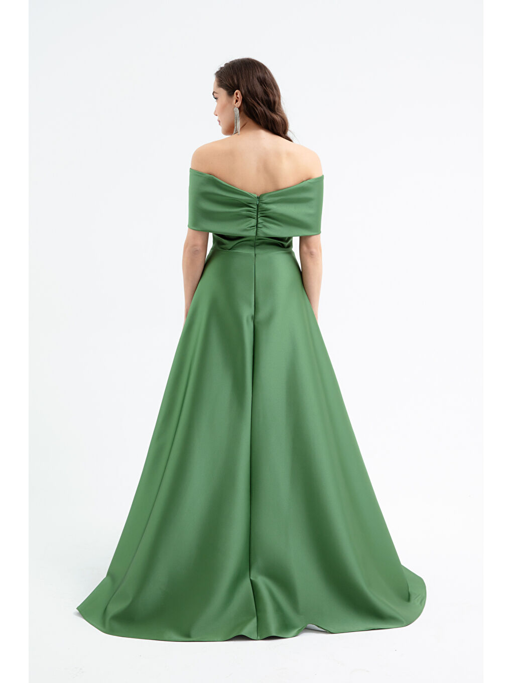 Kadın Haki Straplez Taşlı Uzun Saten Abiye Elbise-4