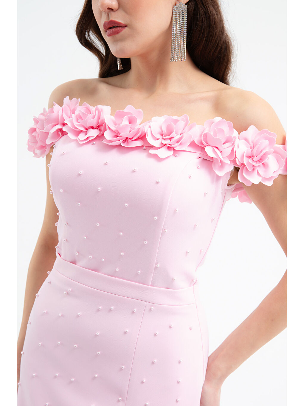 Pembe Kadın Pudra Yakası Çiçekli İncili Söz Nişan Nikah Abiye Elbise-2