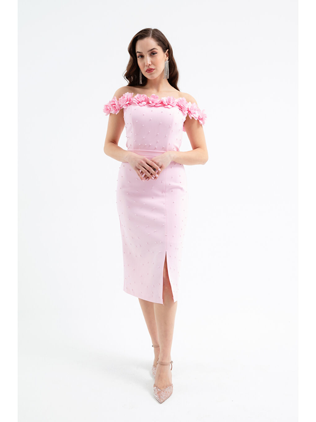 Pembe Kadın Pudra Yakası Çiçekli İncili Söz Nişan Nikah Abiye Elbise-3