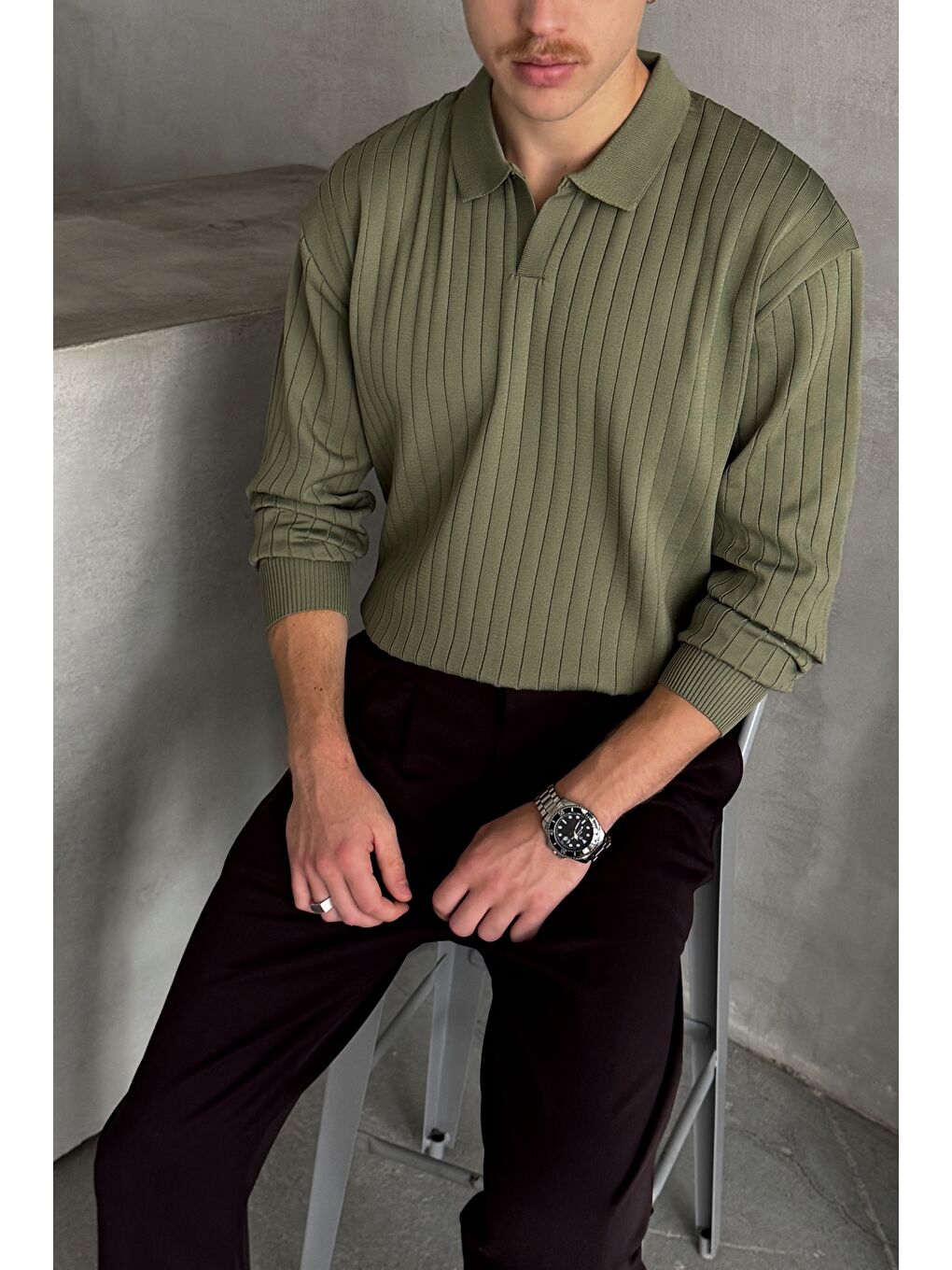 Haki Erkek Polo Yaka Fitilli Oversize Triko Kazak-1