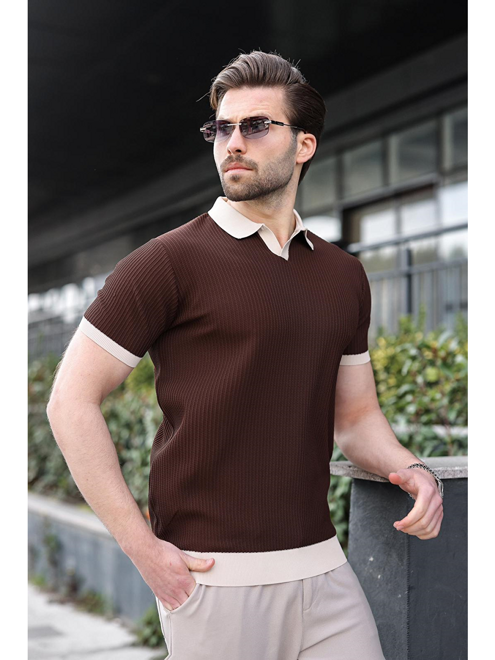 Kahverengi Polo Yaka Triko Erkek Tişört E7464-3