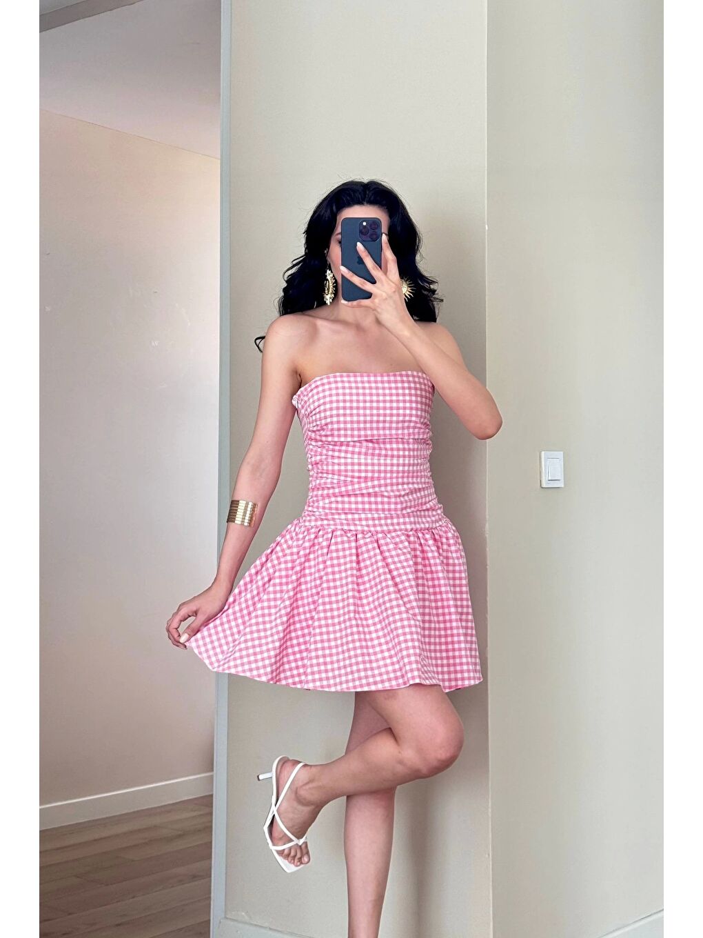 Kadın Pembe Pötikare Straplez Elbise 1041-6425-3