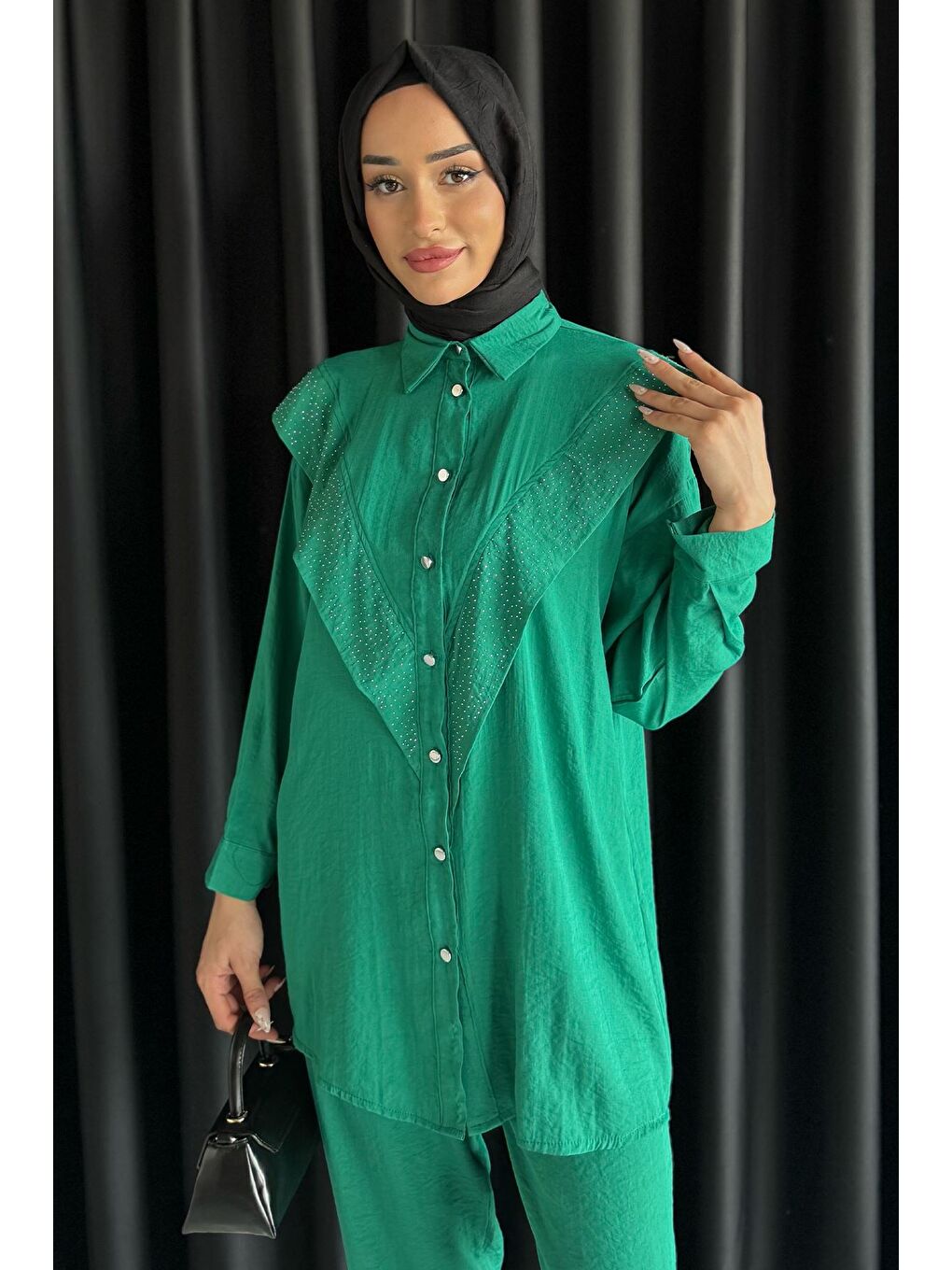 Yeşil Önü Katlamalı Taşlı Tesettür Tunik Pantolon İkili Takım-2