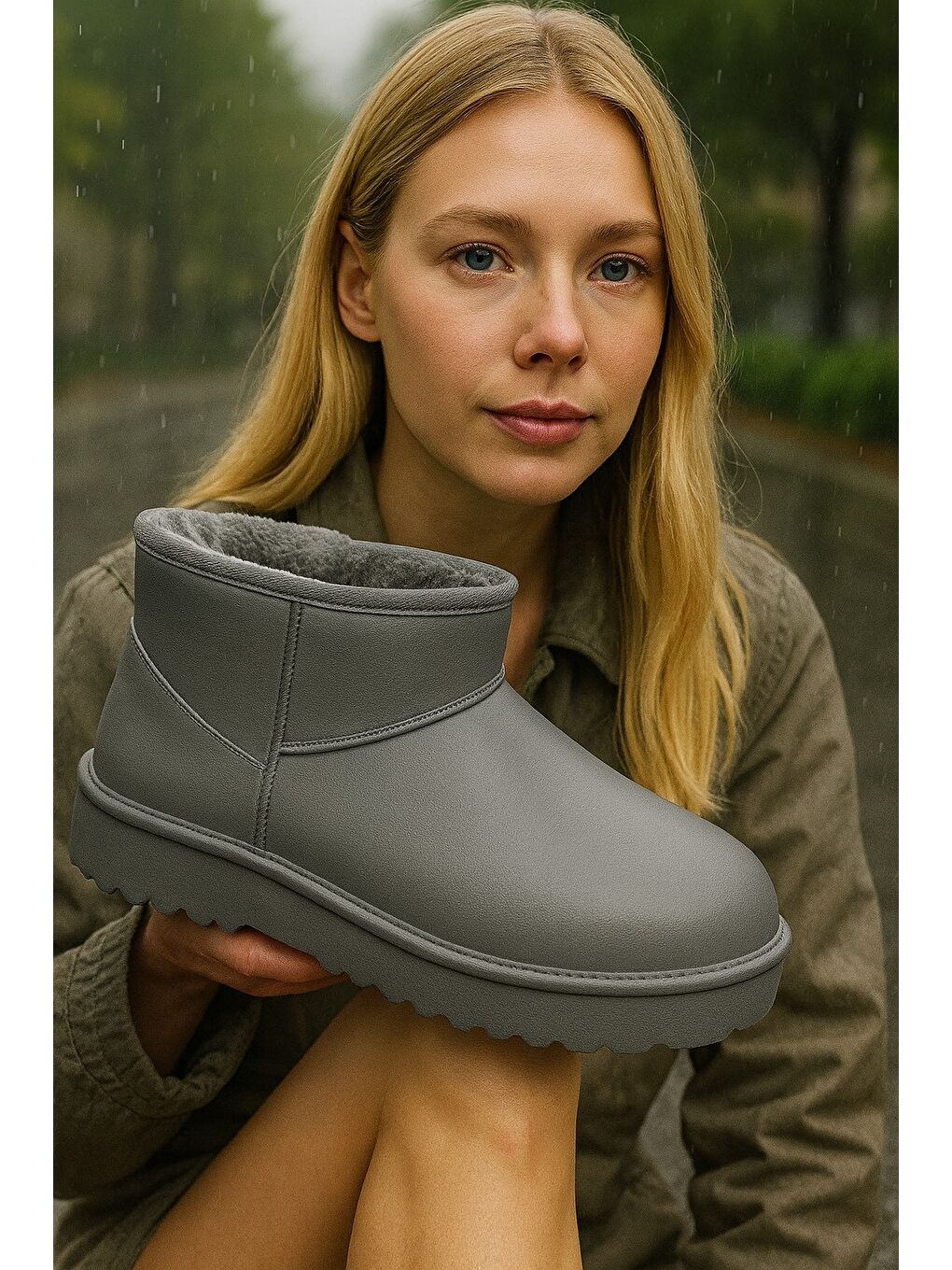 Gri SOFTWARM Kadın Yünlü Yağmur Çizmesi Su Geçirmez Kar Botu Kısa Bot İçi Kürklü-1