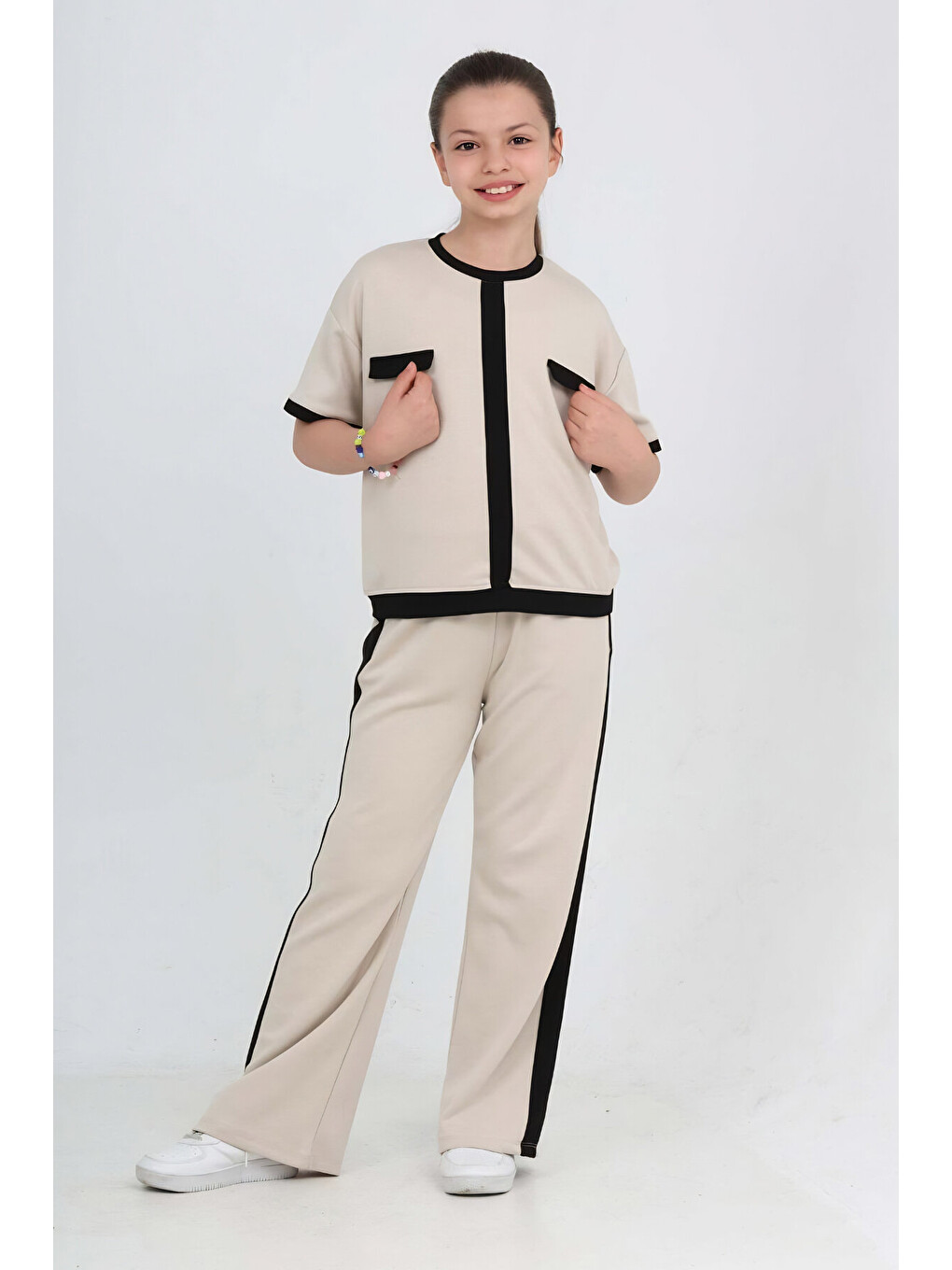 Ekru Kız Çocuk Double Face Kumaş Alt-Üst Takım 7-12 Yaş 12667BLT-2