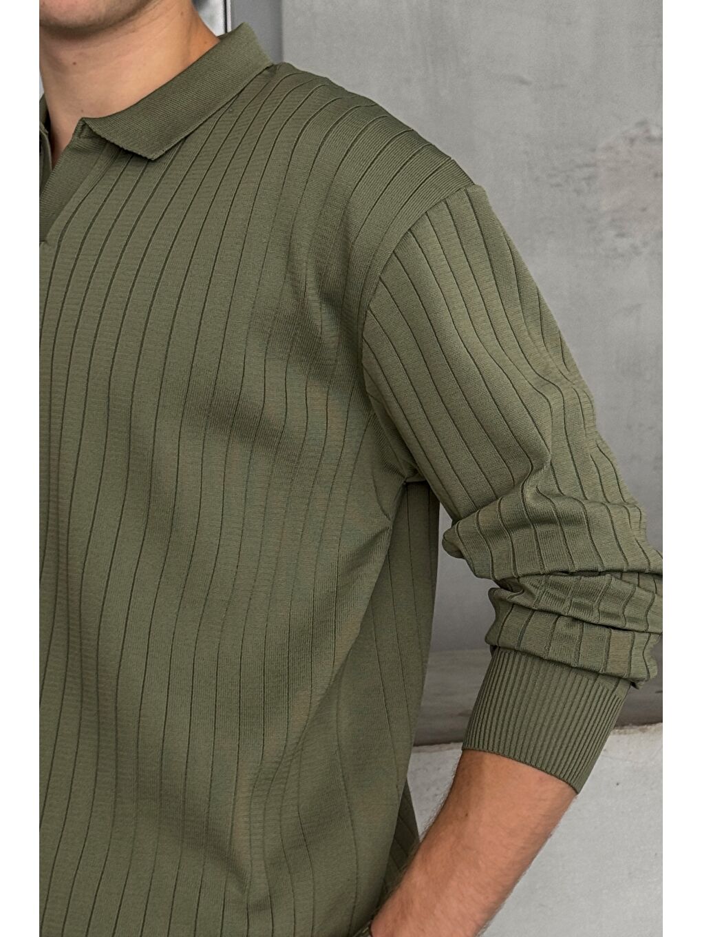 Haki Erkek Polo Yaka Fitilli Oversize Triko Kazak-2