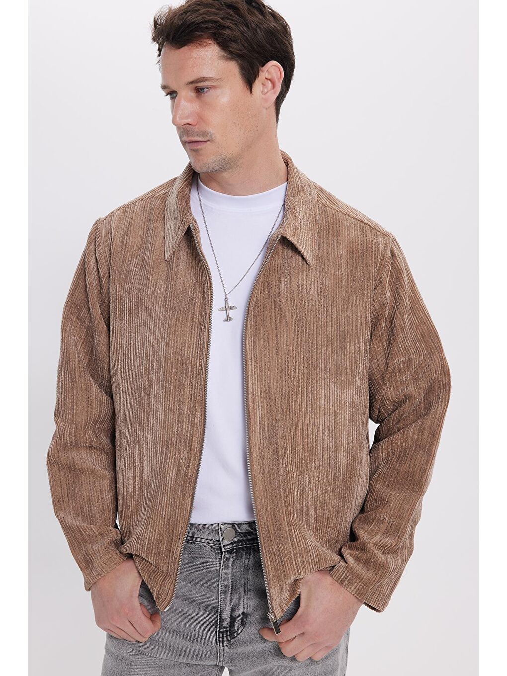 Bej Erkek Relax Fit Rahat Kesim Fitilli Fermuarlı Astarlı Cepli Kolej Vizon Ceket Mont Gömlek-1