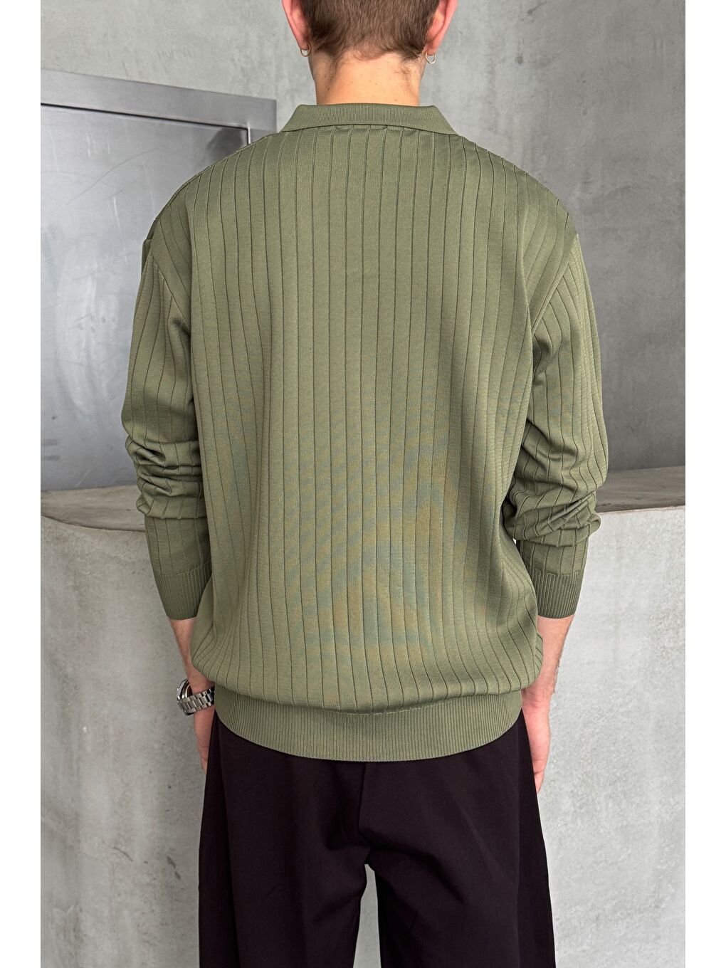 Haki Erkek Polo Yaka Fitilli Oversize Triko Kazak-3