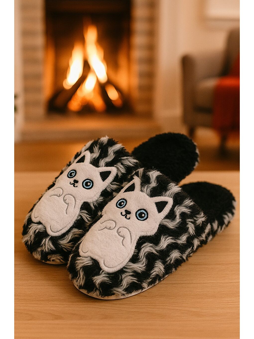 Siyah KITY Kedili Kapalı Kadın Ev Terliği Kışlık Terlik