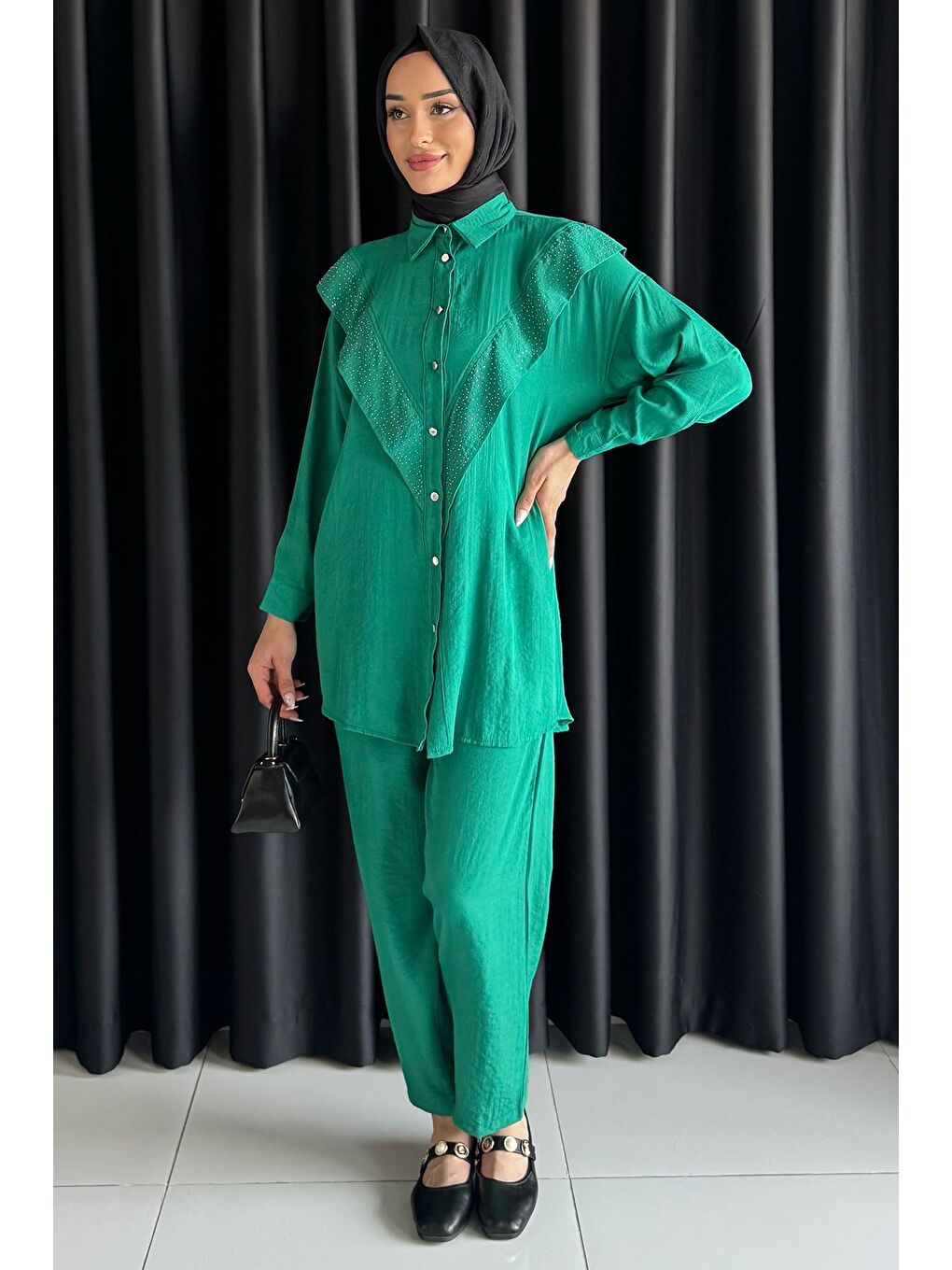 Yeşil Önü Katlamalı Taşlı Tesettür Tunik Pantolon İkili Takım-4