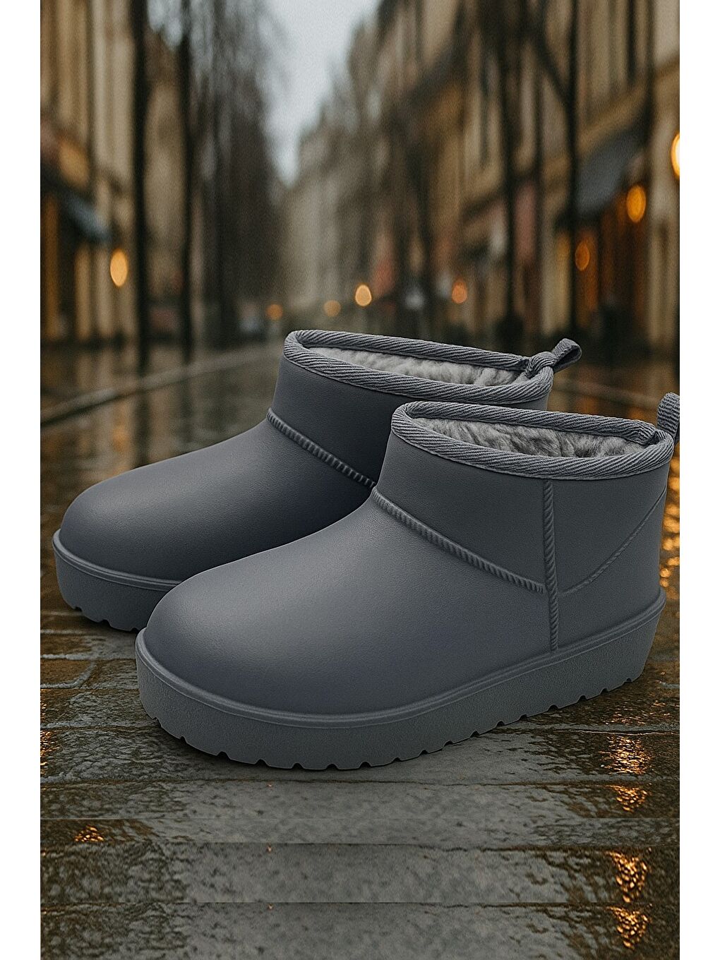 Gri SOFTWARM Kadın Yünlü Yağmur Çizmesi Su Geçirmez Kar Botu Kısa Bot İçi Kürklü-2