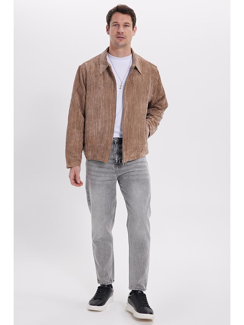 Bej Erkek Relax Fit Rahat Kesim Fitilli Fermuarlı Astarlı Cepli Kolej Vizon Ceket Mont Gömlek-2