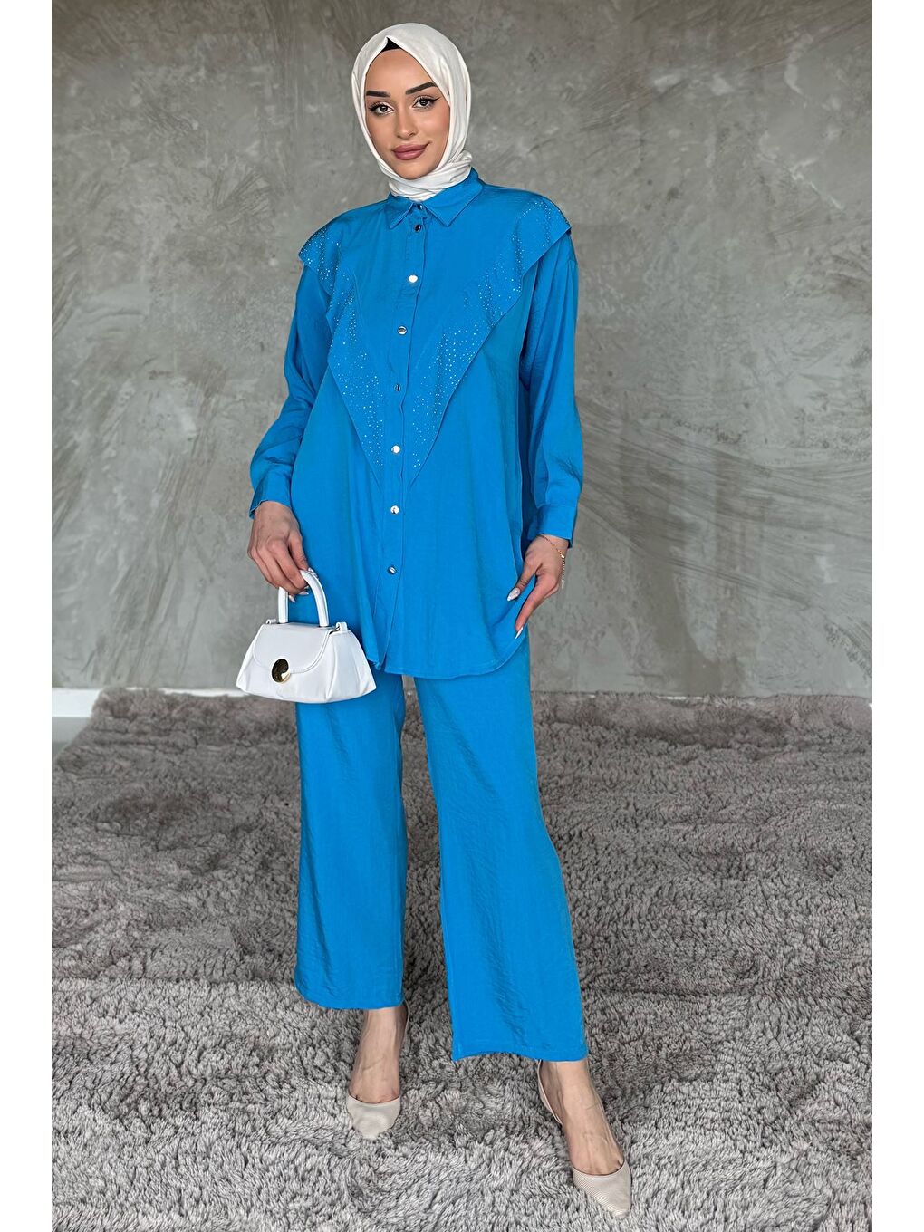 Mavi Önü Katlamalı Taşlı Tesettür Tunik Pantolon İkili Takım-2