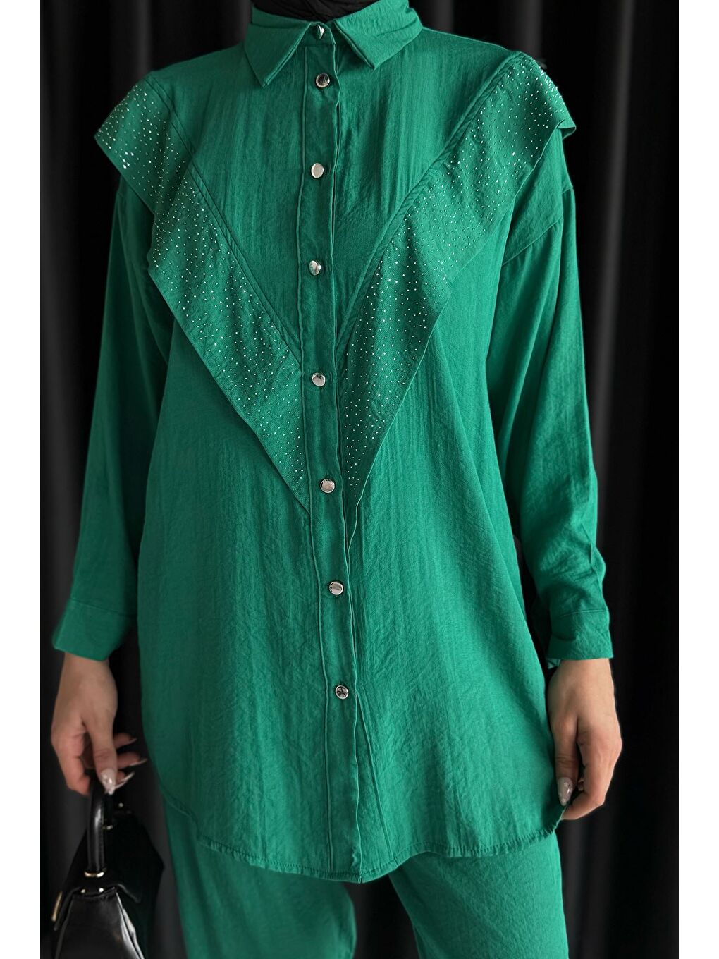 Yeşil Önü Katlamalı Taşlı Tesettür Tunik Pantolon İkili Takım-6