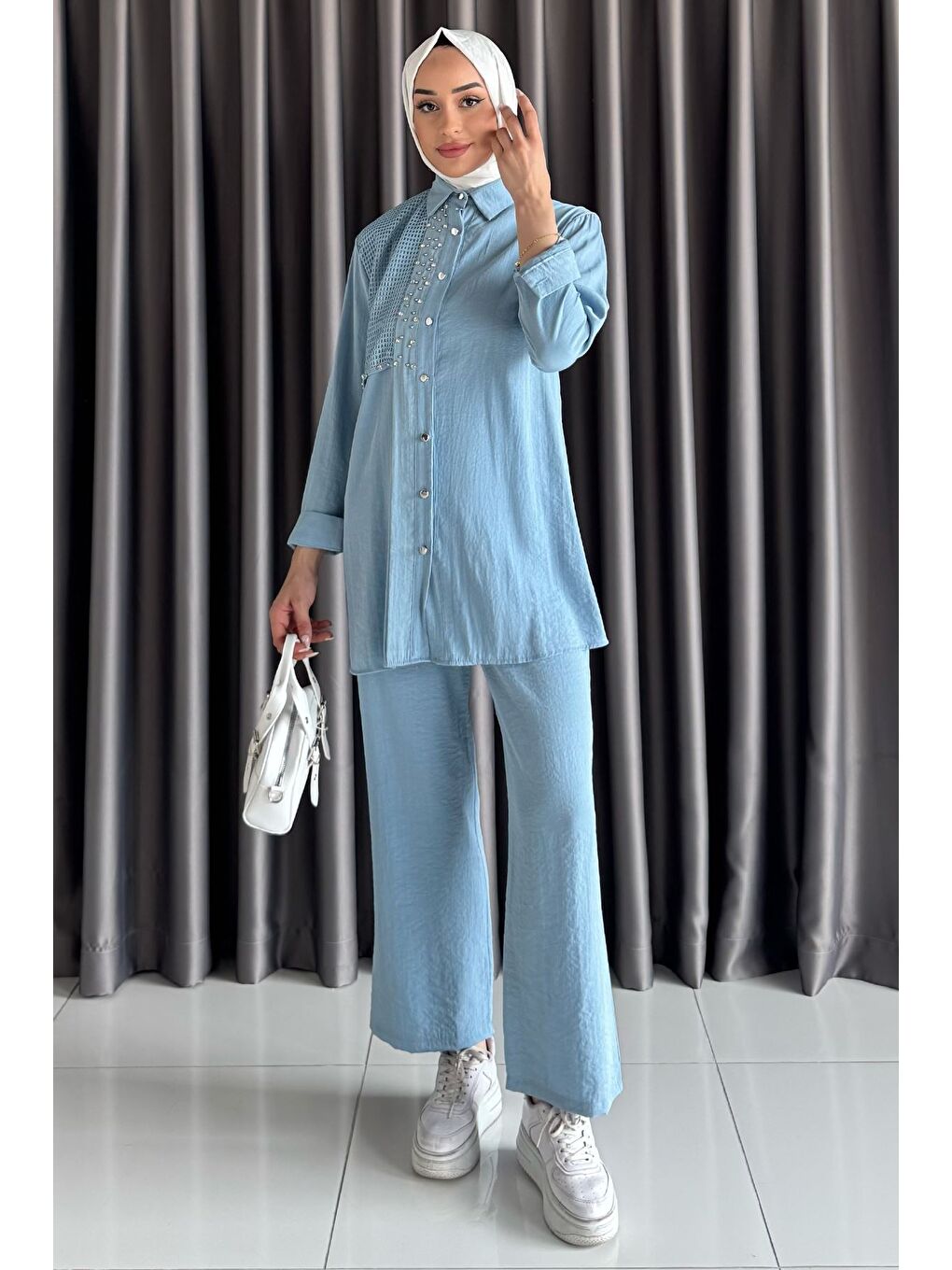 Mavi Dantelli Taşlı Tesettür Tunik Pantolon İkili Takım