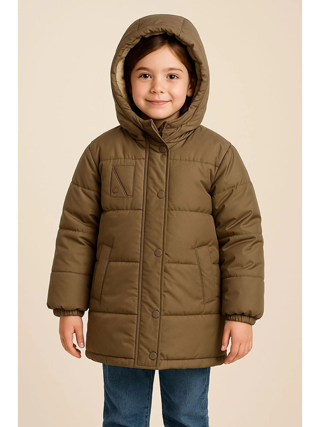 Bej Kapüşonlu Kışlık Kız Çocuk Mont 4235