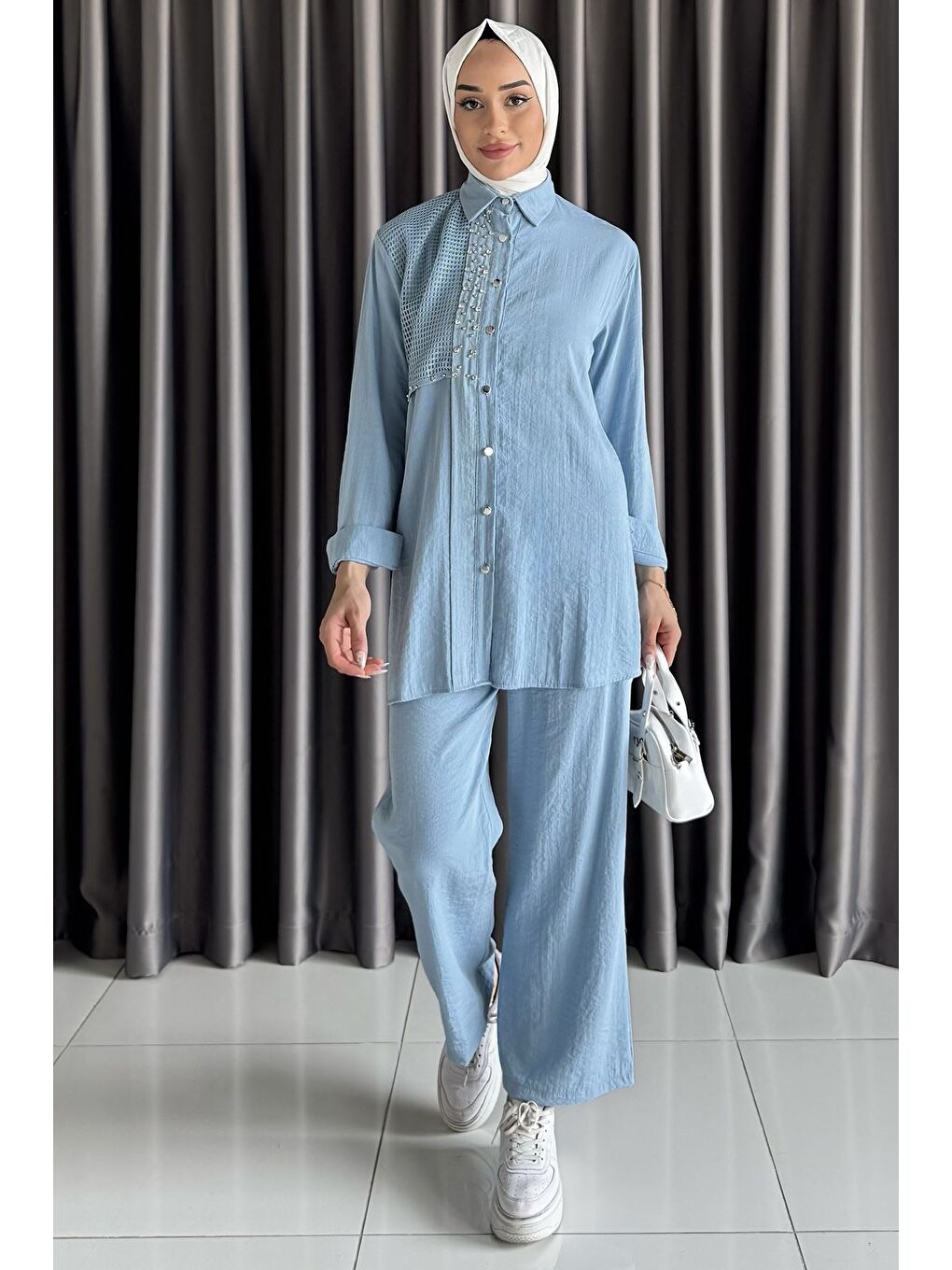 Mavi Dantelli Taşlı Tesettür Tunik Pantolon İkili Takım-1