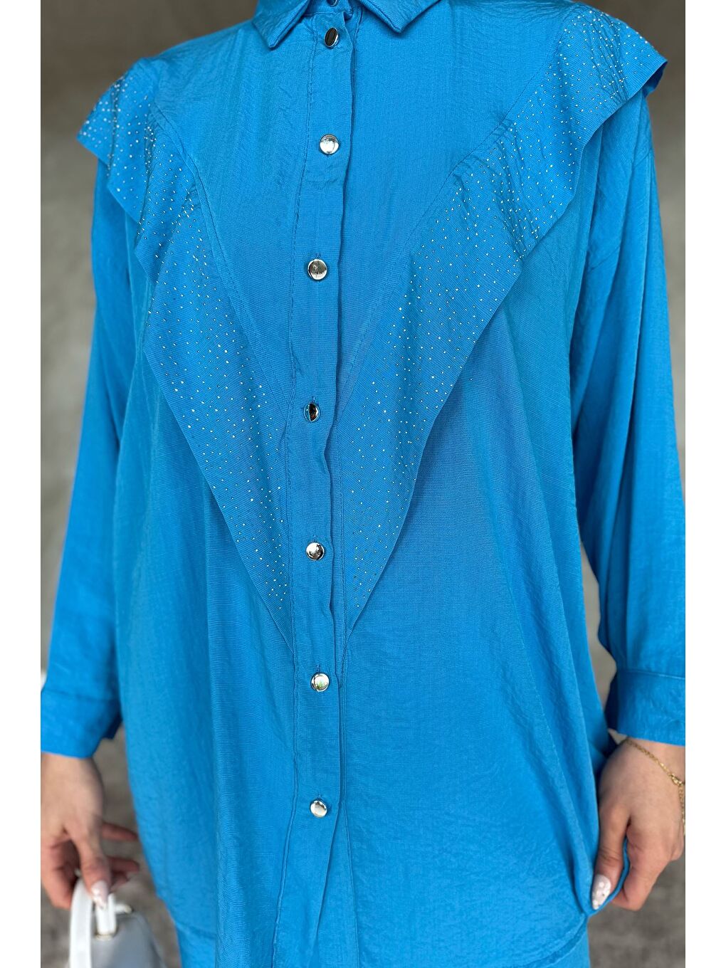 Mavi Önü Katlamalı Taşlı Tesettür Tunik Pantolon İkili Takım-4