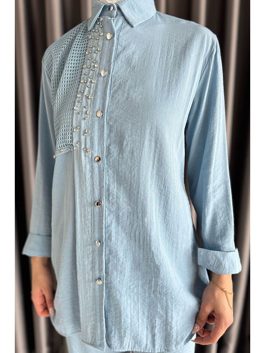 Mavi Dantelli Taşlı Tesettür Tunik Pantolon İkili Takım-2