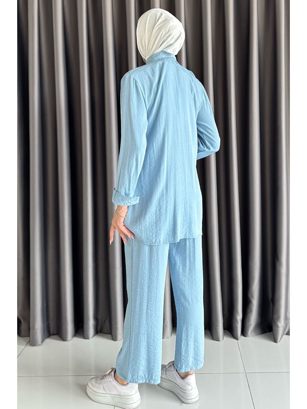 Mavi Dantelli Taşlı Tesettür Tunik Pantolon İkili Takım-3