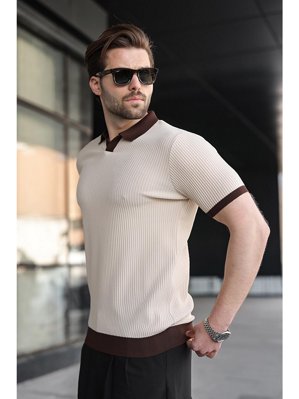 Bej Taş Rengi Polo Yaka Triko Erkek Tişört E7464-1