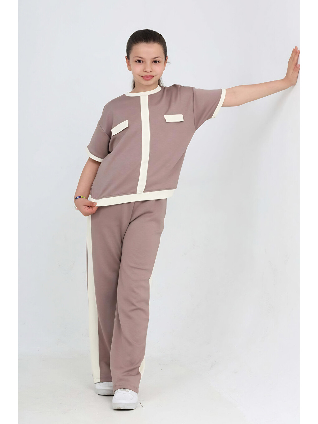 Kahverengi Kız Çocuk Double Face Kumaş Alt-Üst Takım 7-12 Yaş 12667BLT-2