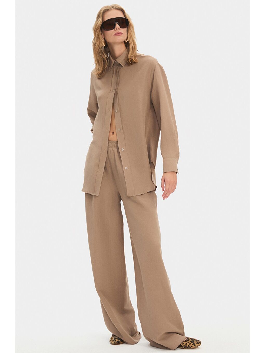 Bej Viskon Keten Gömlek Pantolon Takım