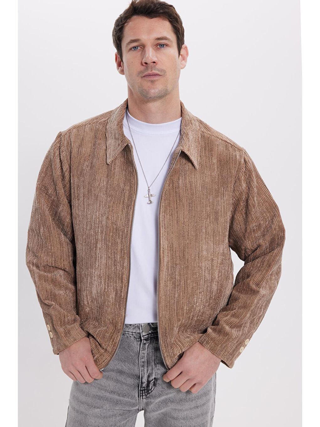Bej Erkek Relax Fit Rahat Kesim Fitilli Fermuarlı Astarlı Cepli Kolej Vizon Ceket Mont Gömlek-6