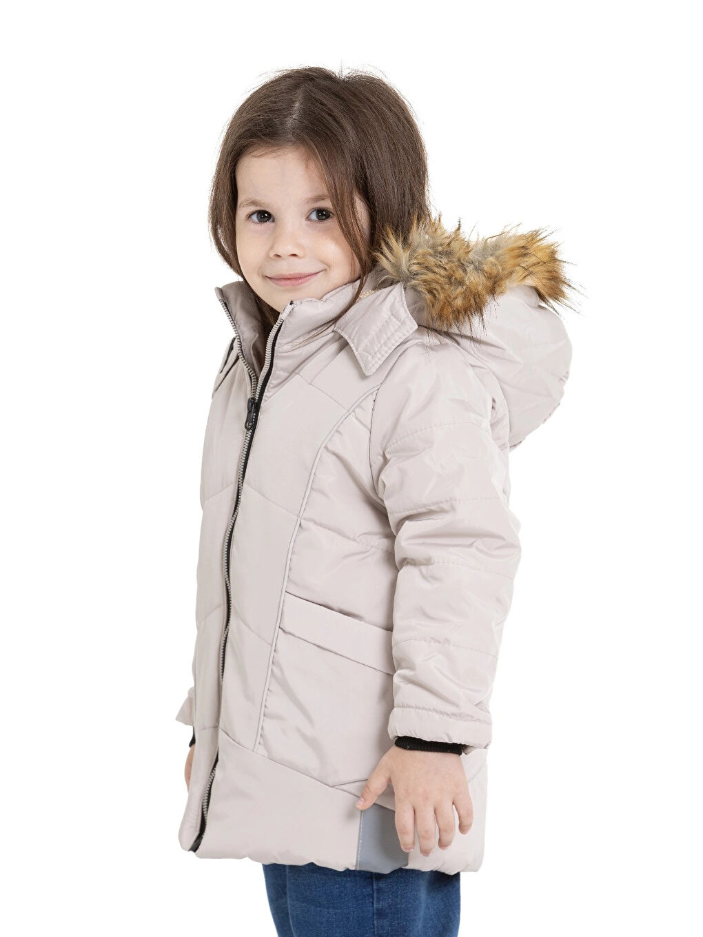 Bej Kapüşonlu Kışlık Kız Çocuk Mont 4043-1