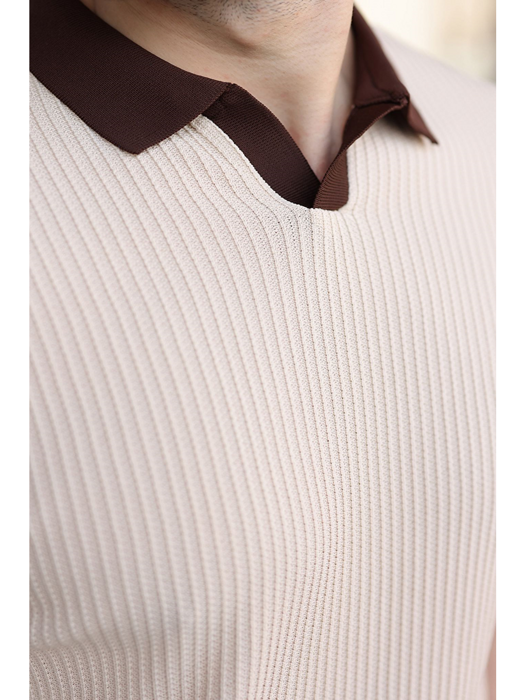 Bej Taş Rengi Polo Yaka Triko Erkek Tişört E7464-2