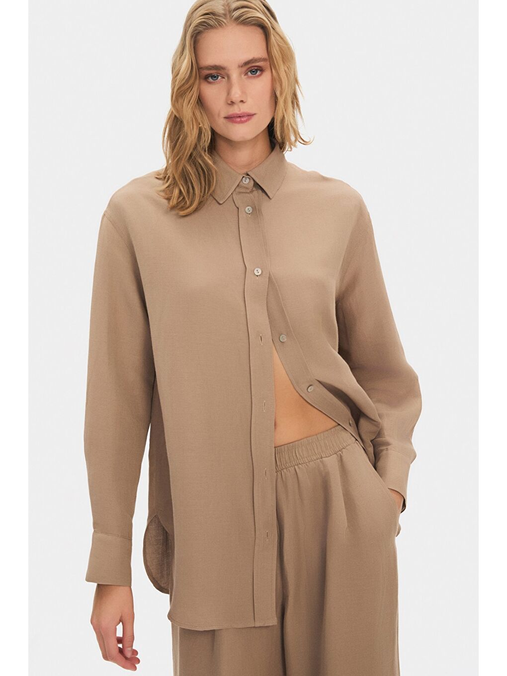 Bej Viskon Keten Gömlek Pantolon Takım-2