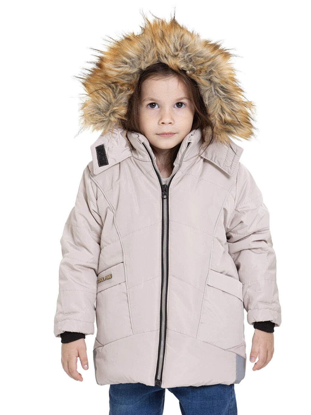 Bej Kapüşonlu Kışlık Kız Çocuk Mont 4043-2