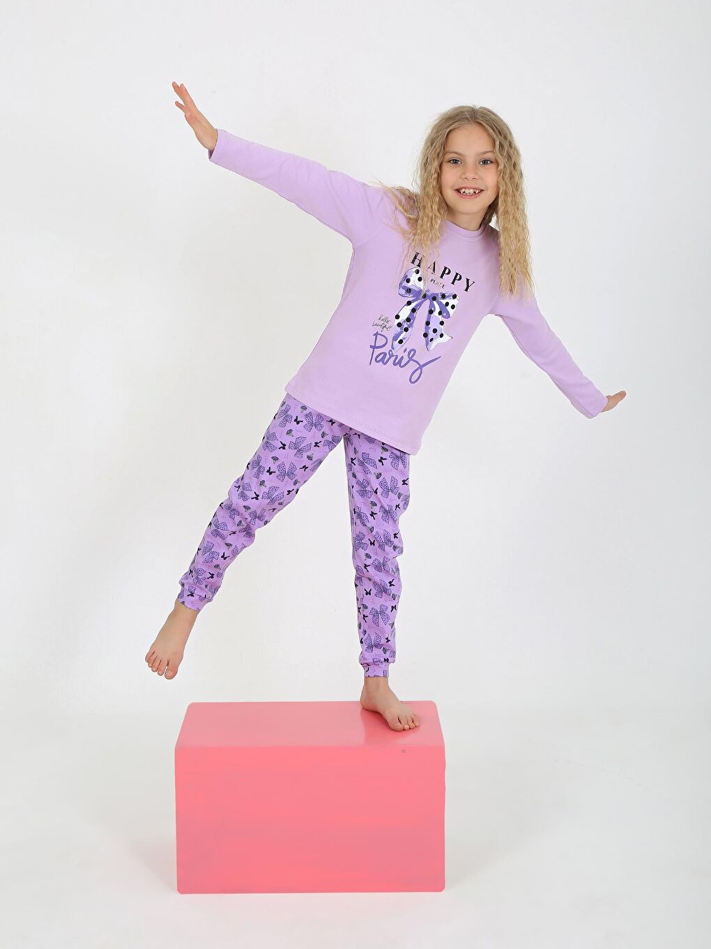 Lila Kız Çocuk Uzun Kollu %100 Pamuklu Pijama Takımı Place Paris-2