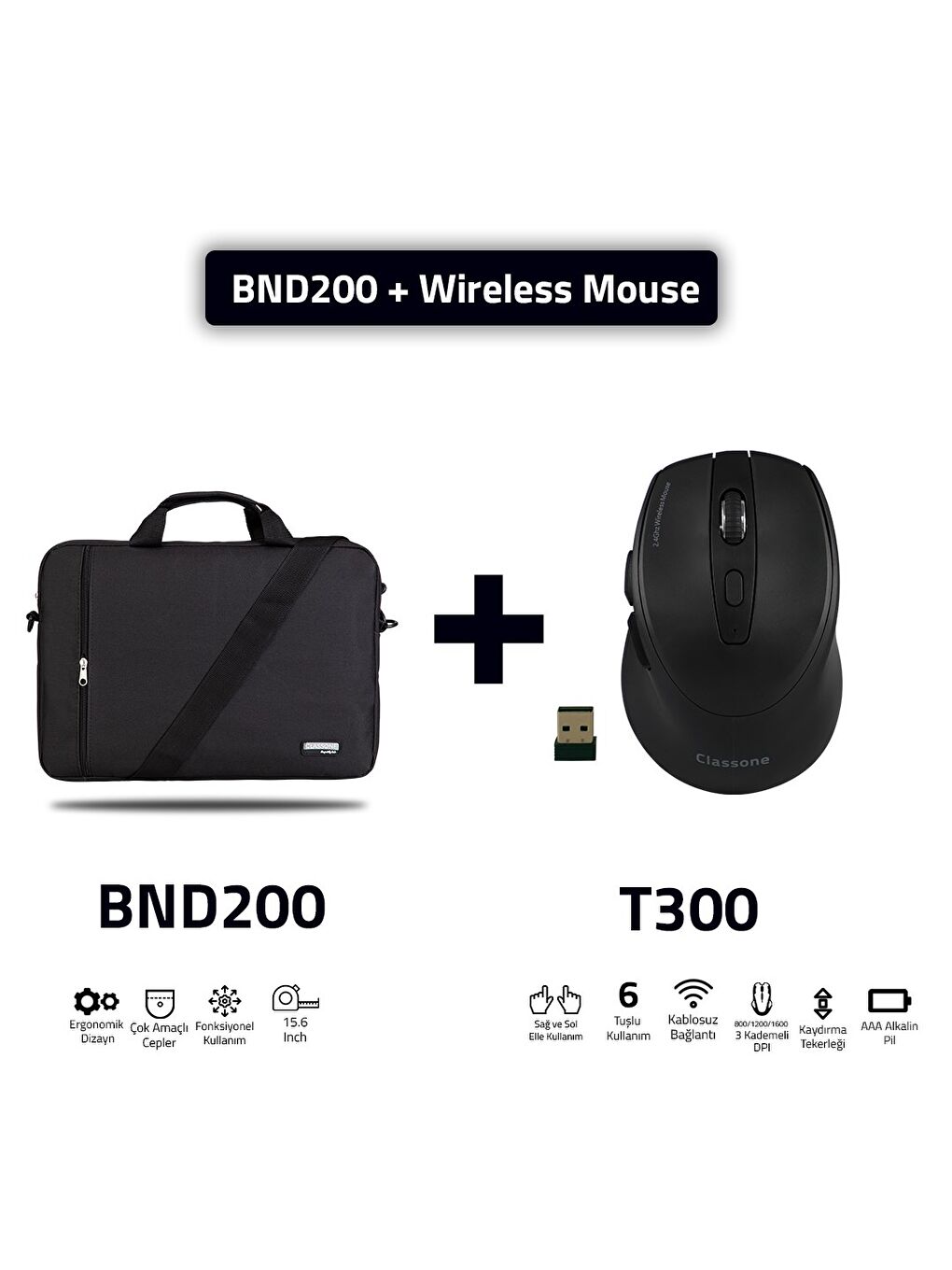 Bnd200 Eko Serisi 15,6 Inç Laptop Notebook El Çantası Siyah T300 Kablosuz Mouse-3