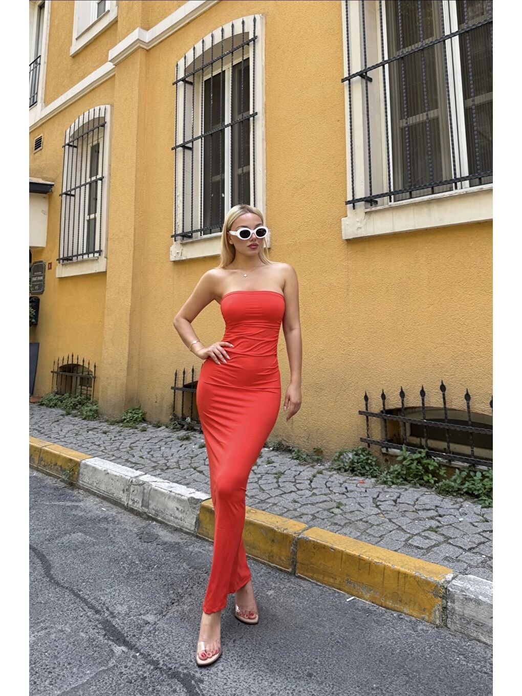 Kadın Turuncu Straplez Elbise 1026-221730-3