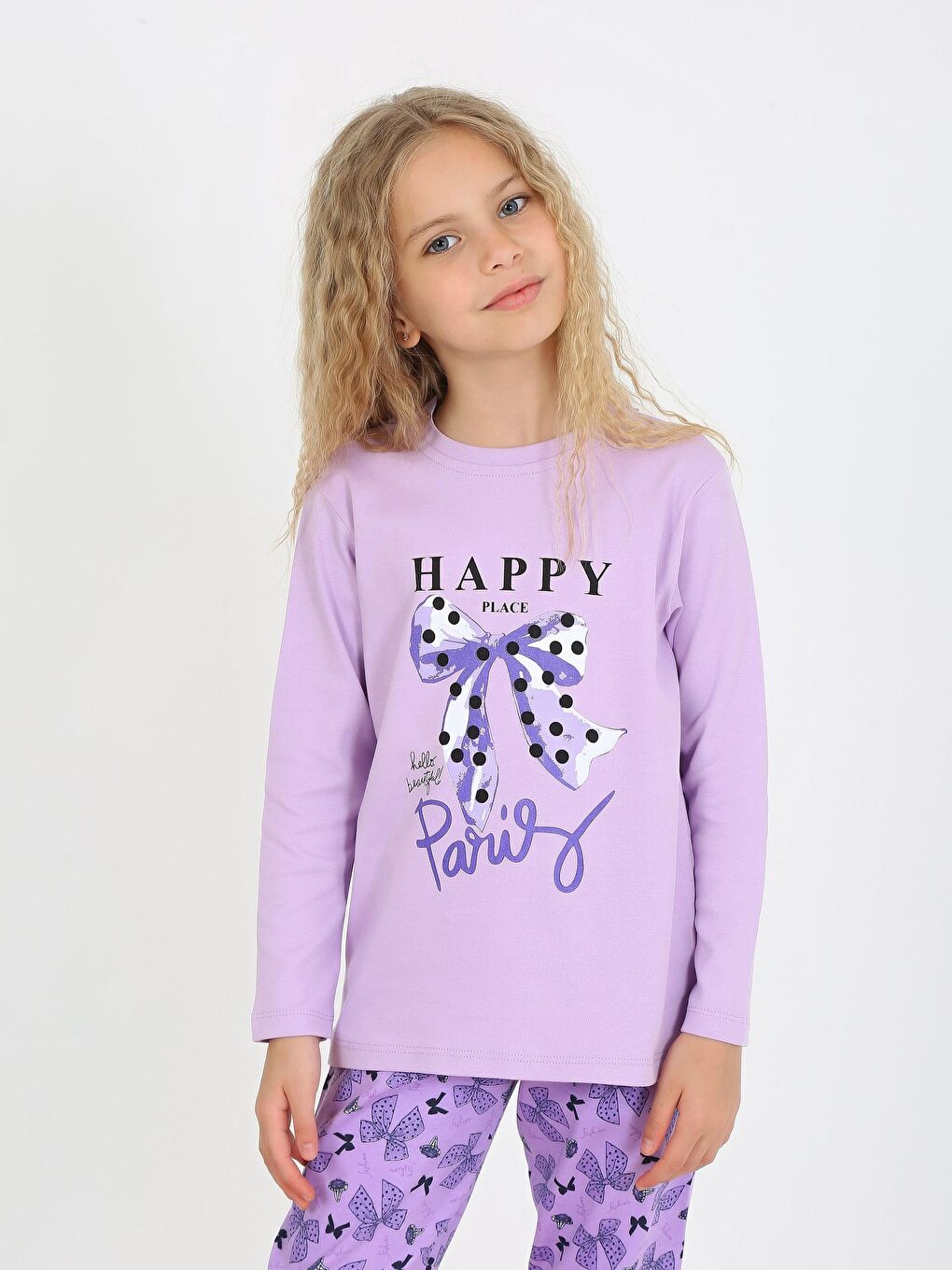 Lila Kız Çocuk Uzun Kollu %100 Pamuklu Pijama Takımı Place Paris-3