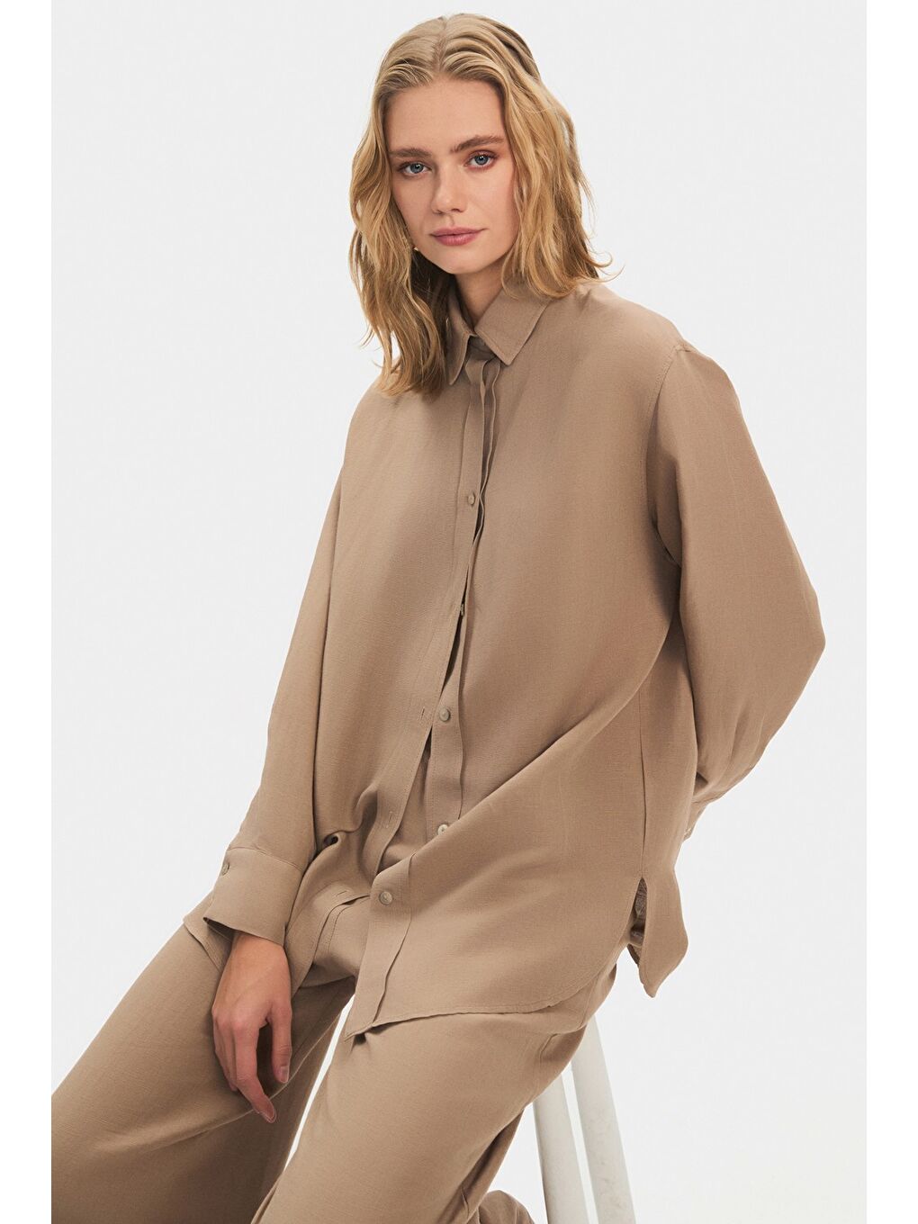 Bej Viskon Keten Gömlek Pantolon Takım-4