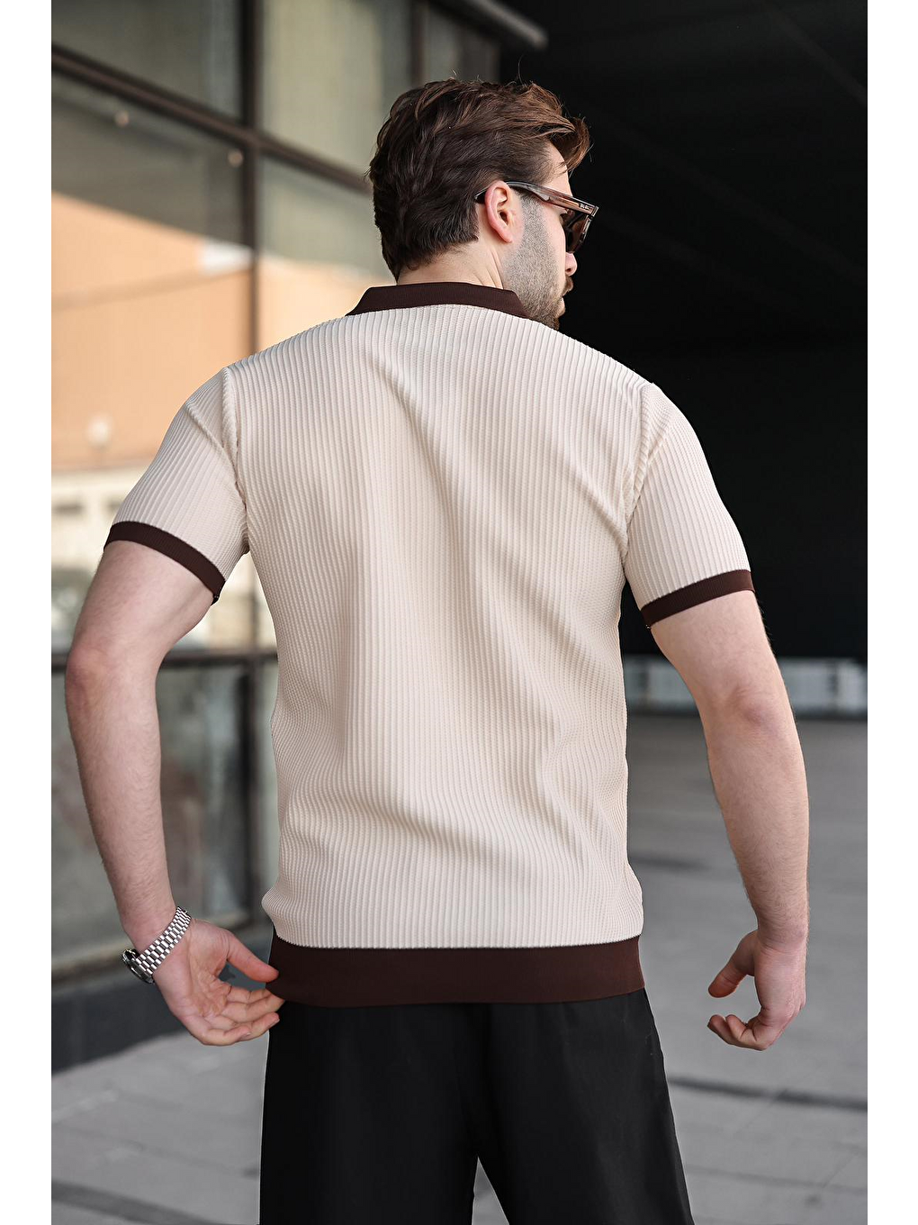 Bej Taş Rengi Polo Yaka Triko Erkek Tişört E7464-3